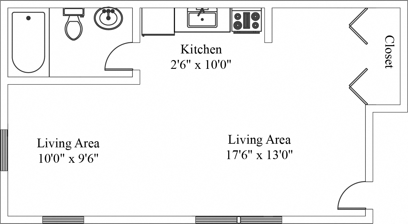 Floor plan for 1 bed, 1 bath, 405 sqft